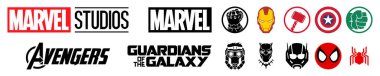 Logos Icon of the most famous superheroes Marvel. , Thanos, Iron man, Thor, Captain America, The Hulk, Guardian of the galaxy, Star Lord, Black Panther, Ant man, Spider man
