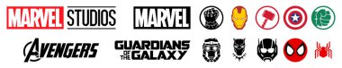 Logos Icon of the most famous superheroes Marvel. , Thanos, Iron man, Thor, Captain America, The Hulk, Guardian of the galaxy, Star Lord, Black Panther, Ant man, Spider man clipart