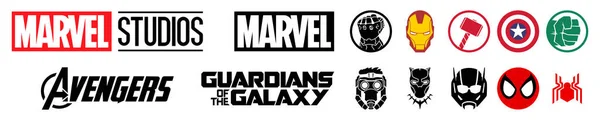 Logos Icon of the most famous superheroes Marvel. , Thanos, Iron man, Thor, Captain America, The Hulk, Guardian of the galaxy, Star Lord, Black Panther, Ant man, Spider man