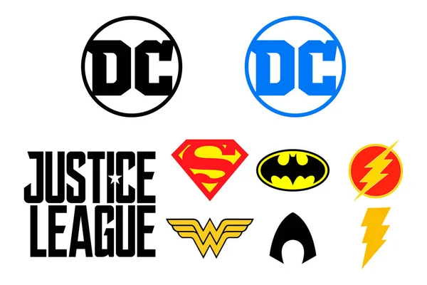 Logos Icon of the most famous superheroes DC. Justice League, super man, batman, flash, wonder woman, aqua man, shazam