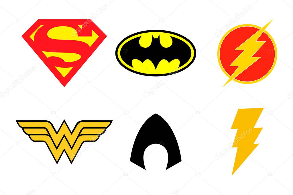 Logos Icon of the most famous superheroes DC. Justice League, super man, batman, flash, wonder woman, aqua man, shazam