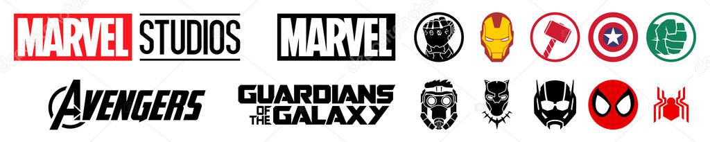 Logos Icon of the most famous superheroes Marvel. , Thanos, Iron man, Thor, Captain America, The Hulk, Guardian of the galaxy, Star Lord, Black Panther, Ant man, Spider man