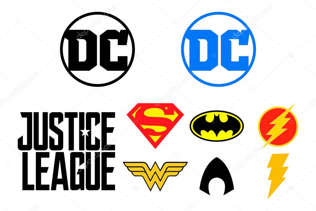Logos Icon of the most famous superheroes DC. Justice League, super man, batman, flash, wonder woman, aqua man, shazam