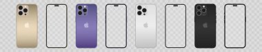Yeni iphone 14 profosyonel model dört renk (mor, siyah, altın, gümüş). akıllı telefon modeli, vektör illüstrasyonu.