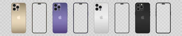 Yeni iphone 14 profosyonel model dört renk (mor, siyah, altın, gümüş). akıllı telefon modeli, vektör illüstrasyonu.