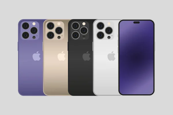 Yeni iphone 14 profosyonel model dört renk (mor, siyah, altın, gümüş). akıllı telefon modeli, vektör illüstrasyonu.