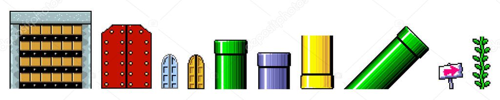 Set of different colorful icons for old video game. Vector illustration. Isolate on white background. 