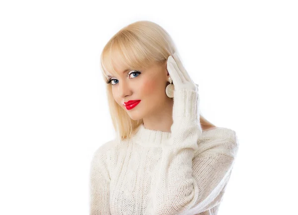 Beautiful blonde woman in white sweater with red lips — Stock Photo, Image