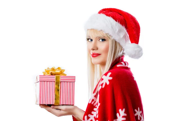 Beautiful blonde woman in red hat with gift box — Stock Photo, Image