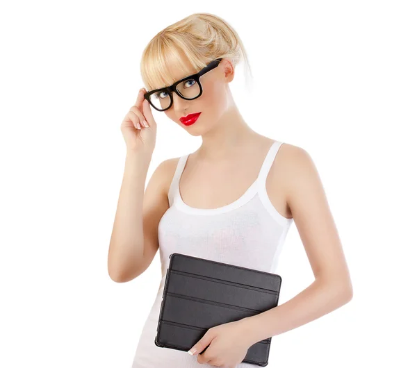 Flirtatious woman holding tablet — Stock Photo, Image