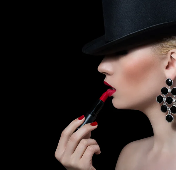 Beautiful blonde girl with red lipstick — Stock Photo, Image