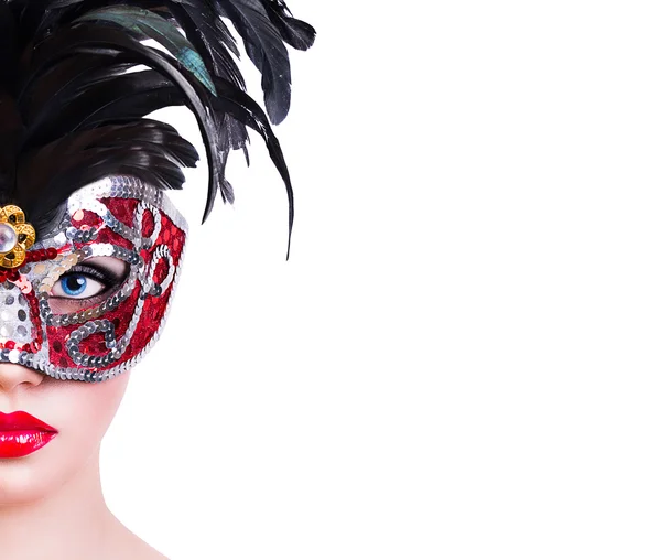 Όμορφο κορίτσι στο κόκκινο Αποκριάτικη μάσκα — Φωτογραφία Αρχείου
