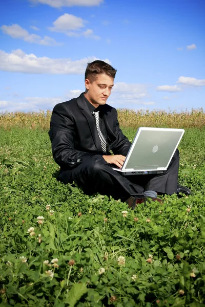 Businessman in the middle of the field on laptop — Stock Photo, Image