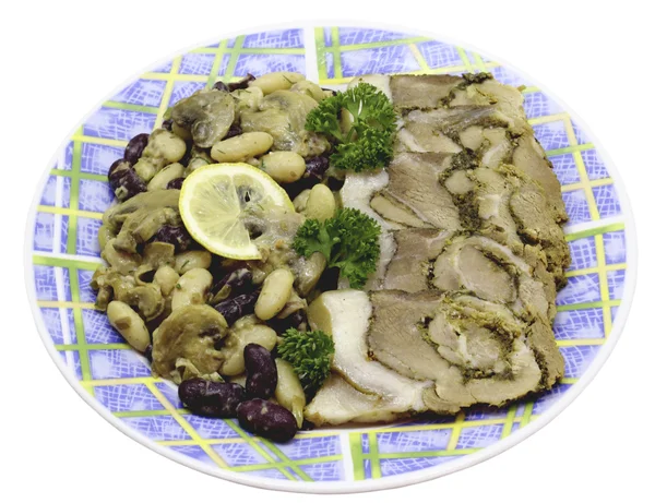 Collation de viande avec salade de haricots et champignons — Photo