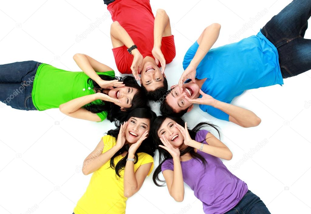 colorful group of friends on the floor