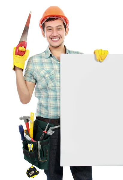 Costruttore holding white board — Foto Stock