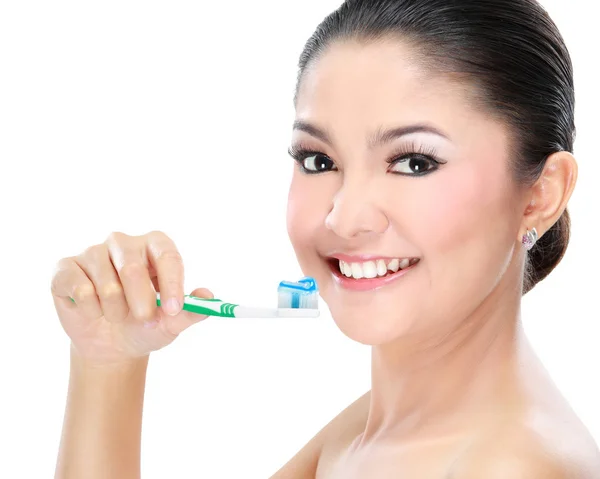 Mujer con cepillo dental — Foto de Stock