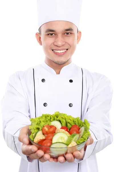 Chef-kok lachend met salade — Stockfoto