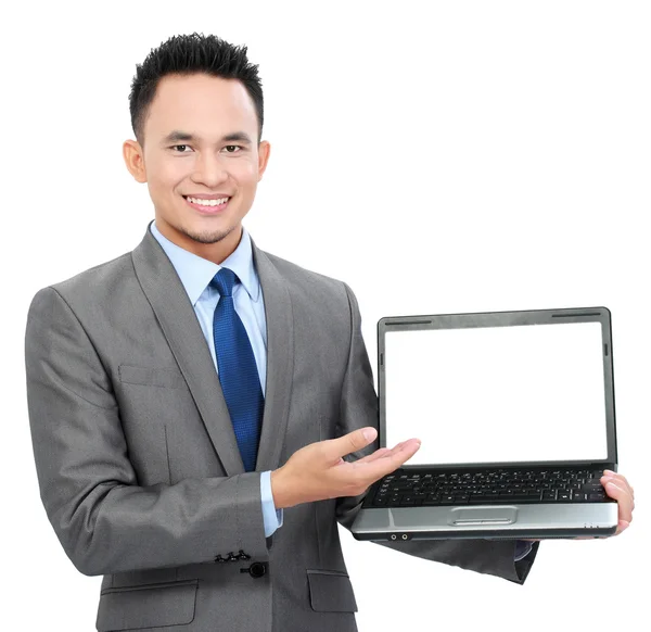 Business man with empty screen laptop Stock Image