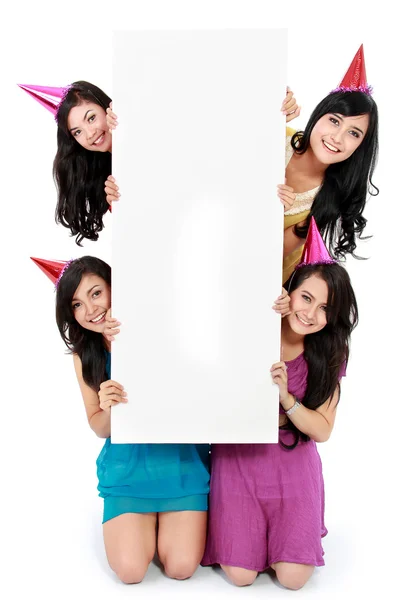 Four beautiful girl holding blank board — Stock Photo, Image