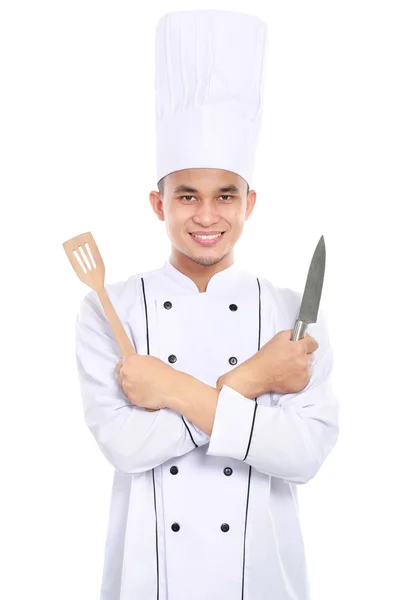Portret van Aziatische chef-kok glimlachen — Stockfoto