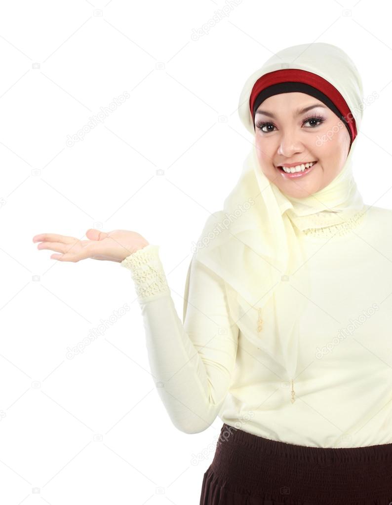 young muslim woman presenting