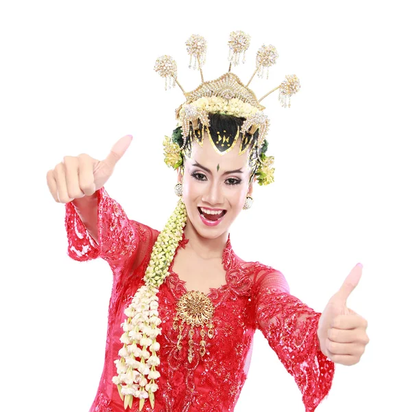 Szczęśliwa kobieta Java tradycyjne przedstawienie kciuki w górze — Zdjęcie stockowe