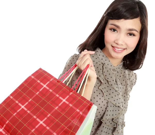 Feliz compras menina segurando saco — Fotografia de Stock