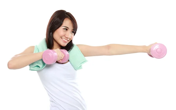 Fitness vrouw met vrije gewichten — Stockfoto