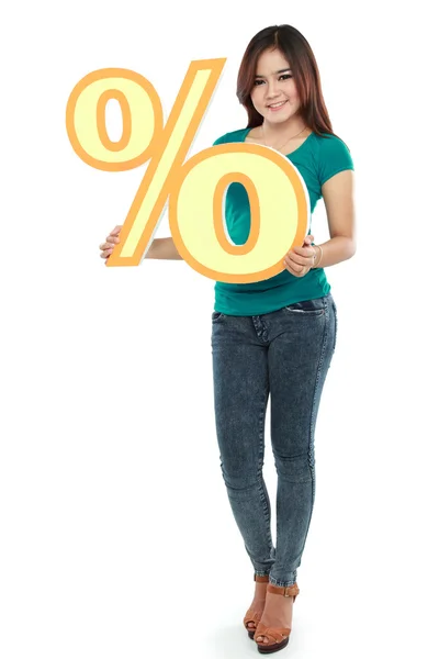 Picture of lovely woman holding percent sign — Stock fotografie