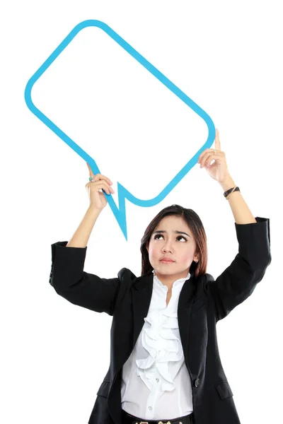 Picture of business woman holding blank text bubble in specs ove — Stock Photo, Image