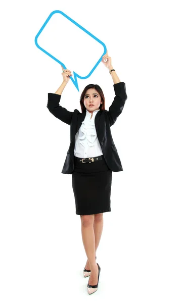 Picture of full lenght business woman holding blank text bubble — Stock Photo, Image