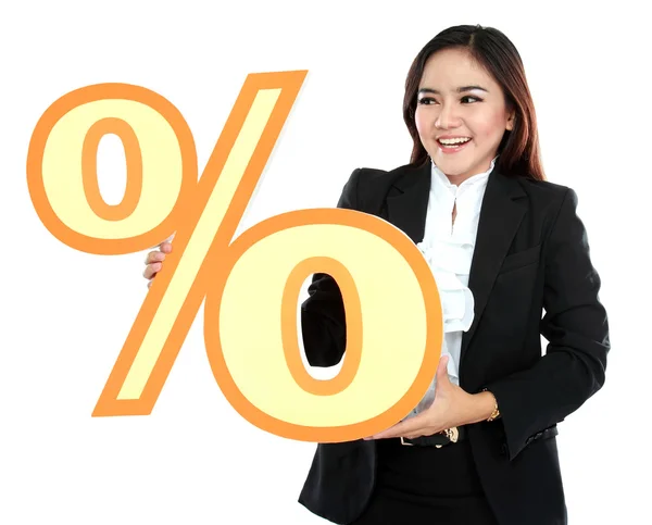 Imagem de mulher de negócios feliz segurando sinal de por cento — Fotografia de Stock