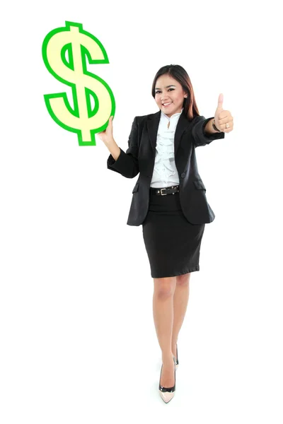 Portrait of beautiful business woman holding a US dollar symbo — Stock Photo, Image