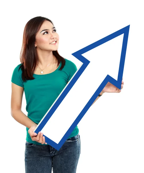 Portrait of young girl with arrow sign — Stock Photo, Image