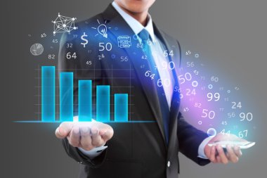 Businessman holding smartphone and showing graph clipart