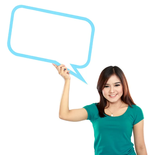 Young girl holding blank text bubble in specs — Stock Photo, Image