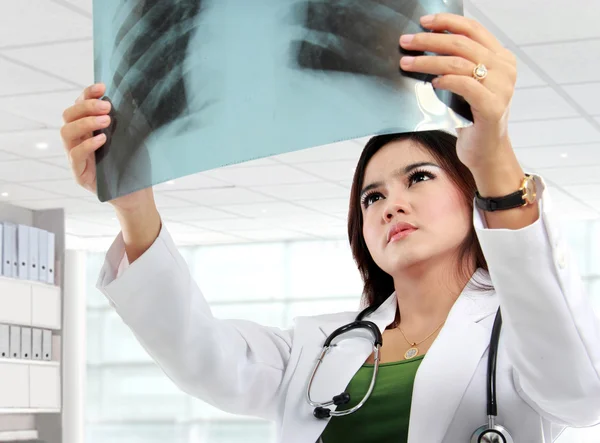 Female doctor wearing a white coat and stethoscope looking at an Stock Image