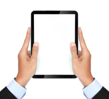 Fotoğraf dikey olarak işadamı bir el tarafından düzenlenen bir Tablet