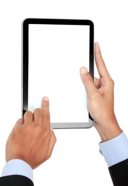 Fotoğraf dikey olarak işadamı bir el tarafından düzenlenen bir Tablet
