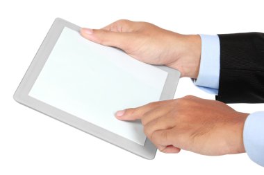 Fotoğrafı yatay olarak işadamı bir el tarafından düzenlenen bir Tablet