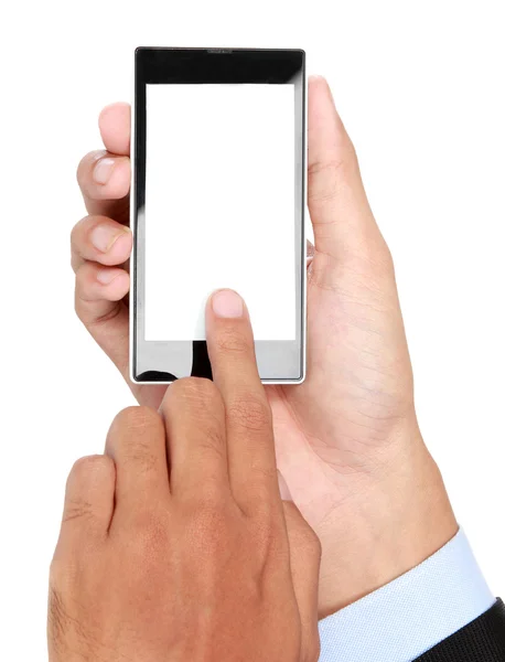 Homem de negócios Mão segurando telefone inteligente móvel com tela em branco — Fotografia de Stock