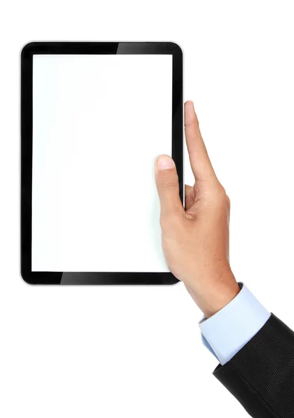 Foto van een tablet gehouden door een hand van zakenman verticaal — Stockfoto