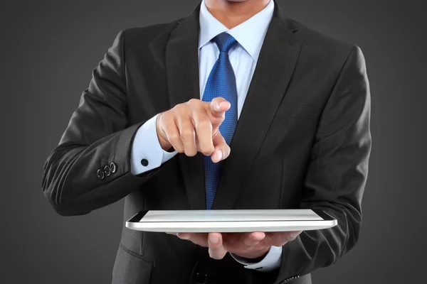 Photo of a businessman showing blank tablet PC monitor — Stock Photo, Image