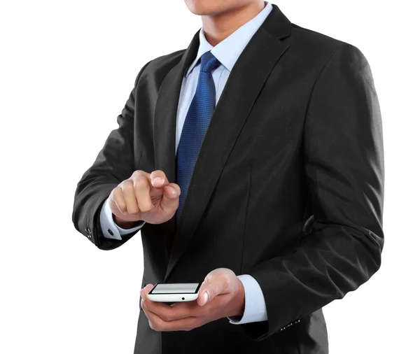 Hombre de negocios que sostiene el teléfono inteligente móvil y la pantalla táctil — Foto de Stock