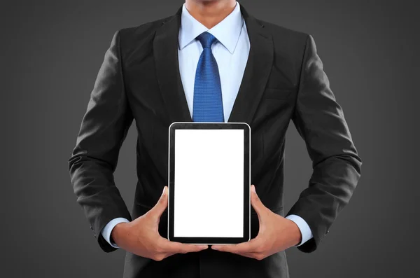 Photo of a businessman showing blank tablet PC monitor — Stock Photo, Image