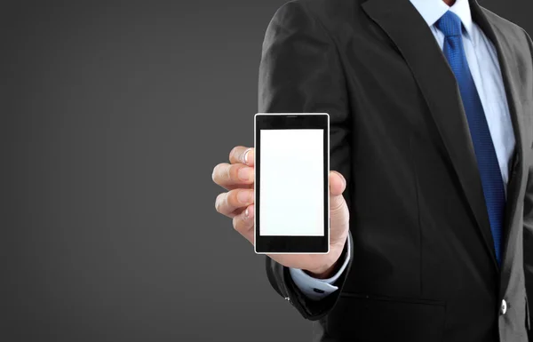 Empresário segurando telefone inteligente móvel com tela em branco — Fotografia de Stock