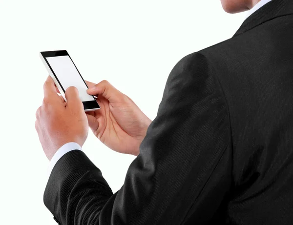 Zakenman die mobiele slimme telefoon met leeg scherm — Stockfoto