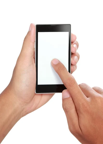 Mão segurando telefone inteligente móvel com tela em branco — Fotografia de Stock