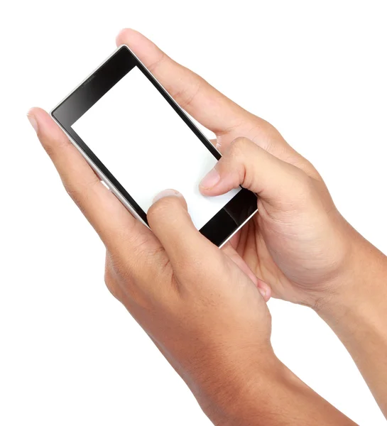 Hand met mobiele slimme telefoon met leeg scherm — Stockfoto